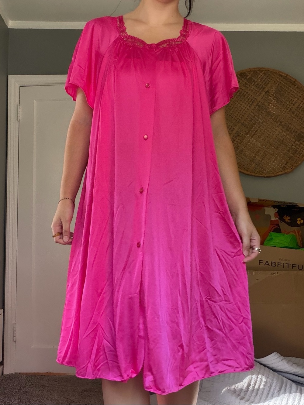 Vintage Hot Pink Women's Babydoll Satin Midi Nightgown NWT